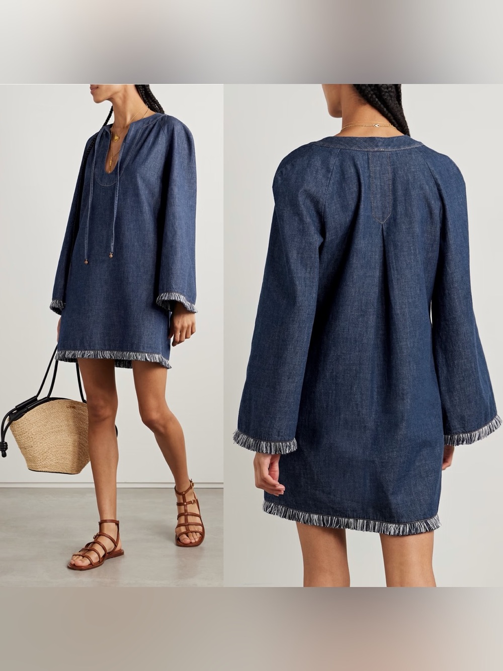 NWT Zimmermann Rhiannon Tie Neck Frayed Denim Dress